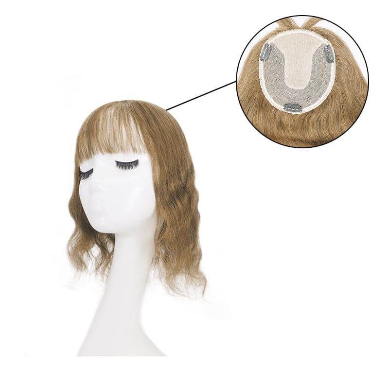 Wavy Human Hair Topper With Bangs For Thinning Hair Light Brown 13*15cm Silk Base E-LITCHI