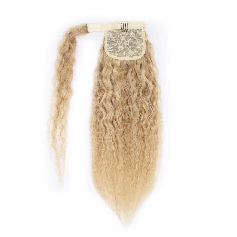 Ponytail Human Hair Extensions Curly Blonde Highlight Wrap Around E-LITCHI