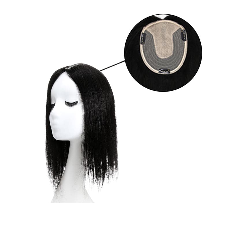 Black Human Hair Topper Silk Base For Women Thinning Crown E-LITCHI