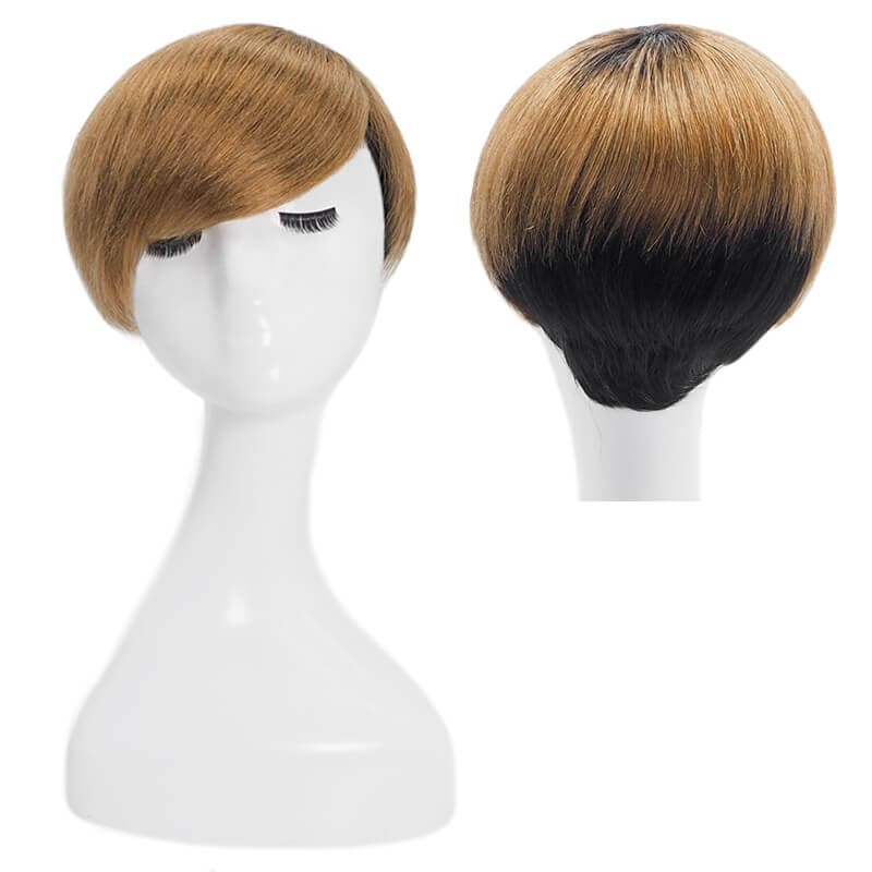 Short Pixie Cut Human Hair Wigs With Layered Side Bangs Glueless Natural Black Ombre Dark Blonde