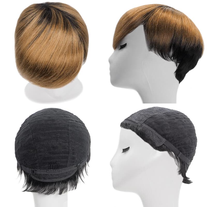 Short Pixie Cut Human Hair Wigs With Layered Side Bangs Glueless Natural Black Ombre Dark Blonde