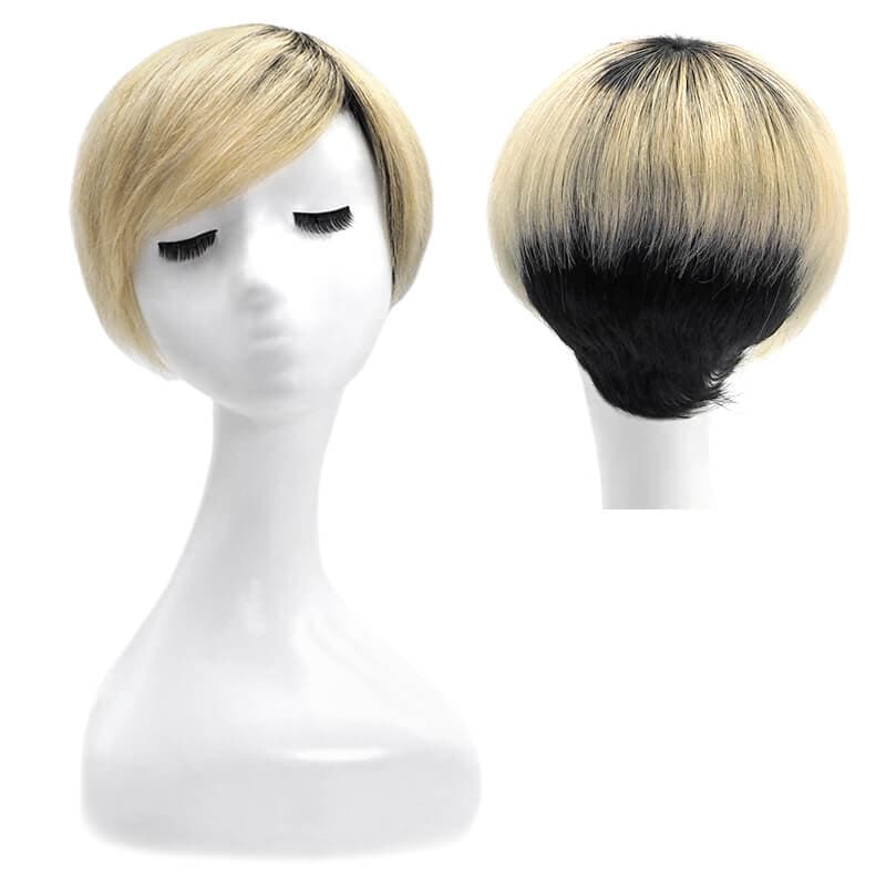 Short Pixie Cut Human Hair Wigs With Layered Side Bangs Glueless Natural Black Ombre Bleach Blonde