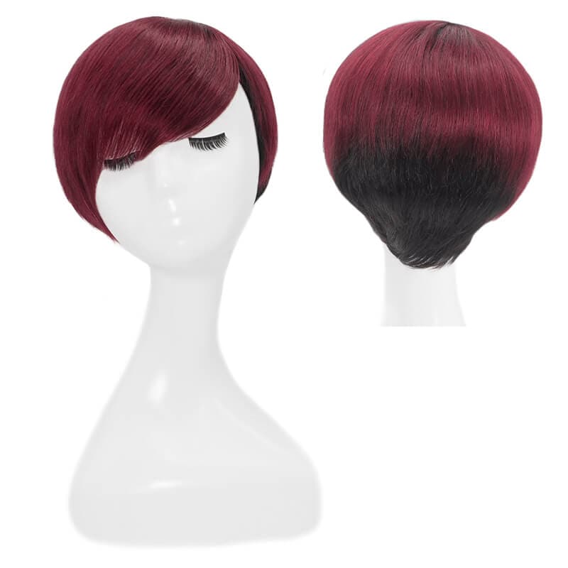 Perruques courtes de cheveux humains coupe lutin avec frange latérale superposée sans colle noir naturel ombre vin rouge