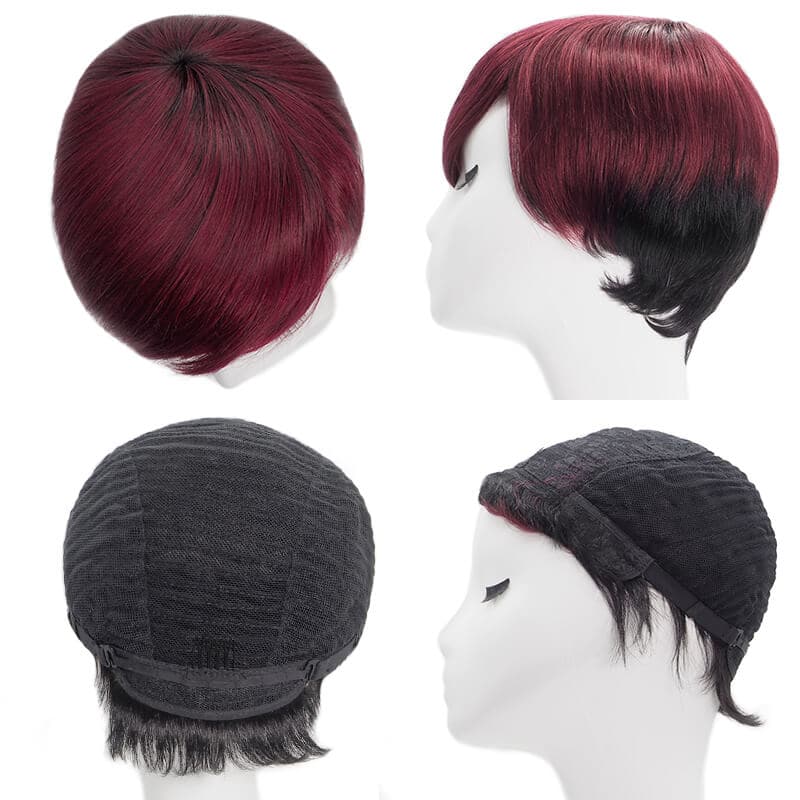 Short Pixie Cut Human Hair Wigs With Layered Side Bangs Glueless Natural Black Ombre Wine Red