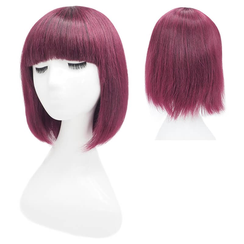 Bob Wigs Human Hair With Bangs Capless Burgundy Ombre Natural Black