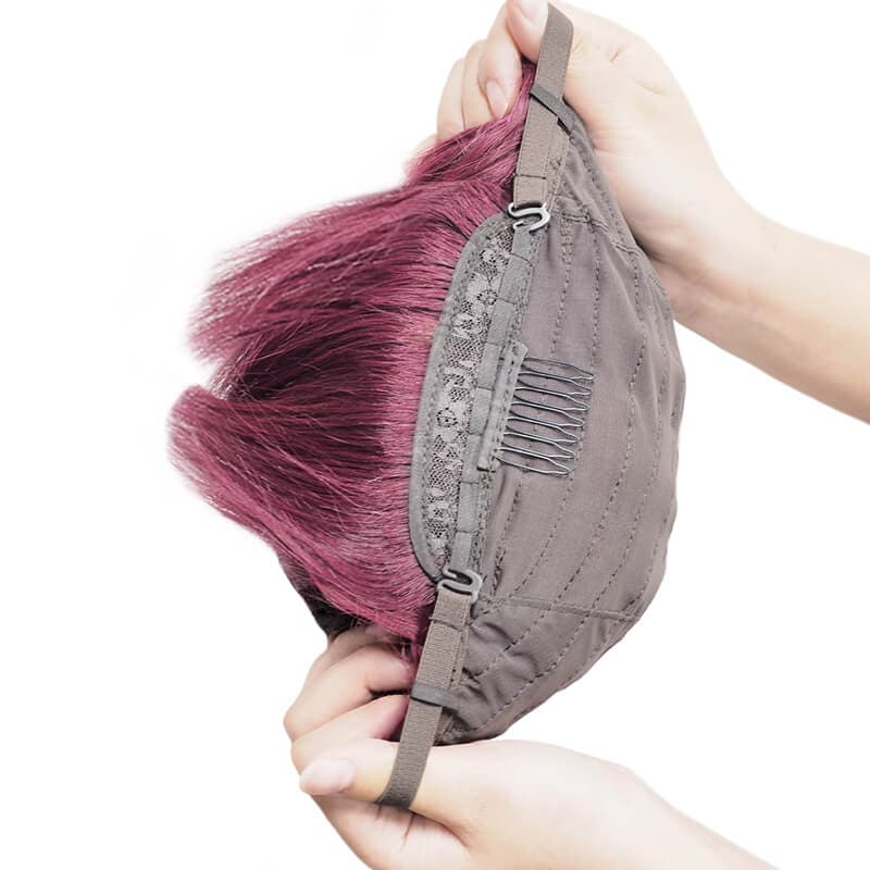 Bob-Perücken, Echthaar, mit Pony, kappenlos, Burgunderrot, Ombre, Naturschwarz