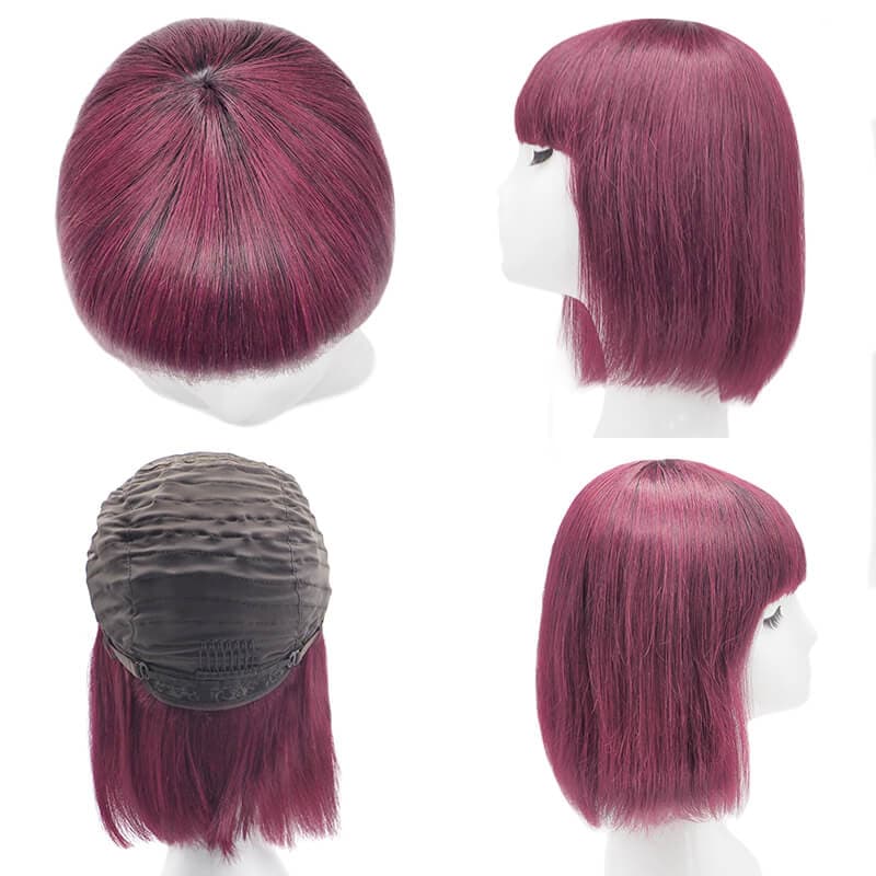 Bob Wigs Human Hair With Bangs Capless Burgundy Ombre Natural Black