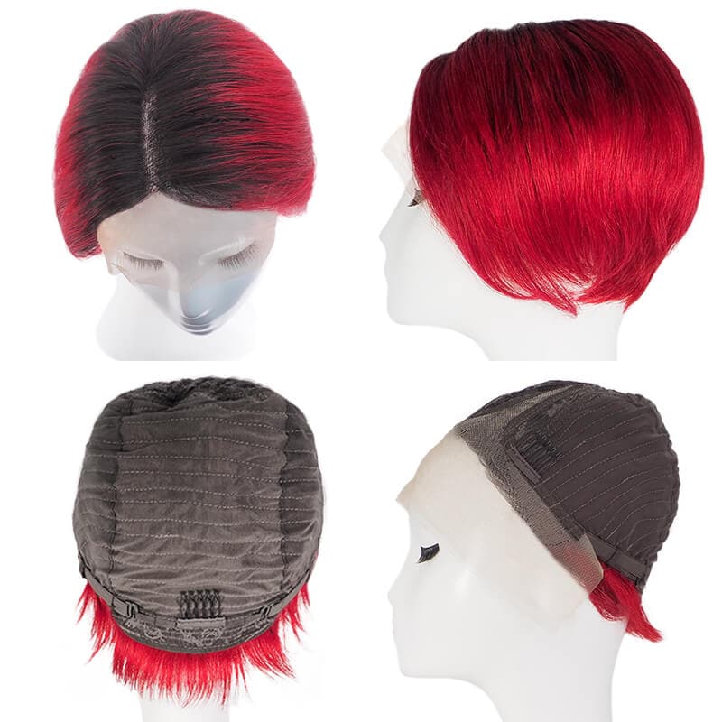 Human Hair Short Pixie Cut Lace Front Side Parted Layered Bob Wig Black Ombre Burgundy