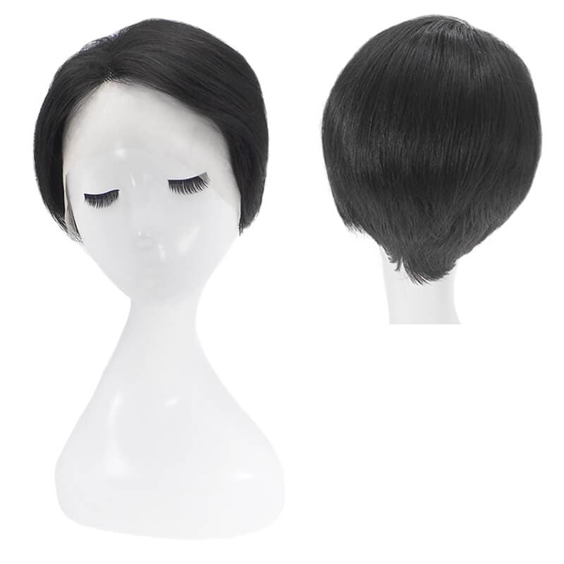 Human Hair Short Pixie Cut Lace Front Side Parted Layered Bob Wig Natural Black
