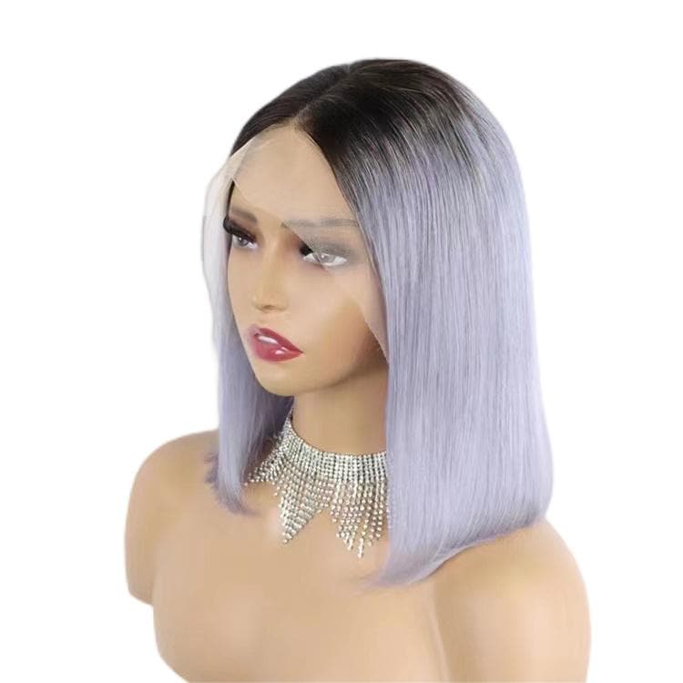 Short Bob Wigs Human Hair 13X4 Lace Front Glueless Straight Black Ombre Grey E-LITCHI Hair