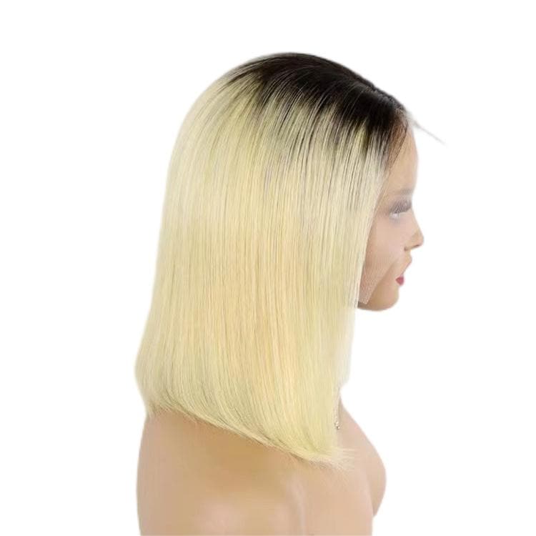 Short Bob Wigs Human Hair 13X4 Lace Front Glueless Straight Black Ombre Bleach Blonde E-LITCHI Hair