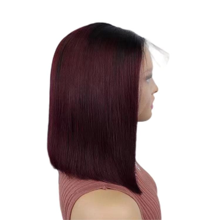 Short Bob Wigs Human Hair 13X4 Lace Front Glueless Straight Black Ombre Burgundy E-LITCHI Hair