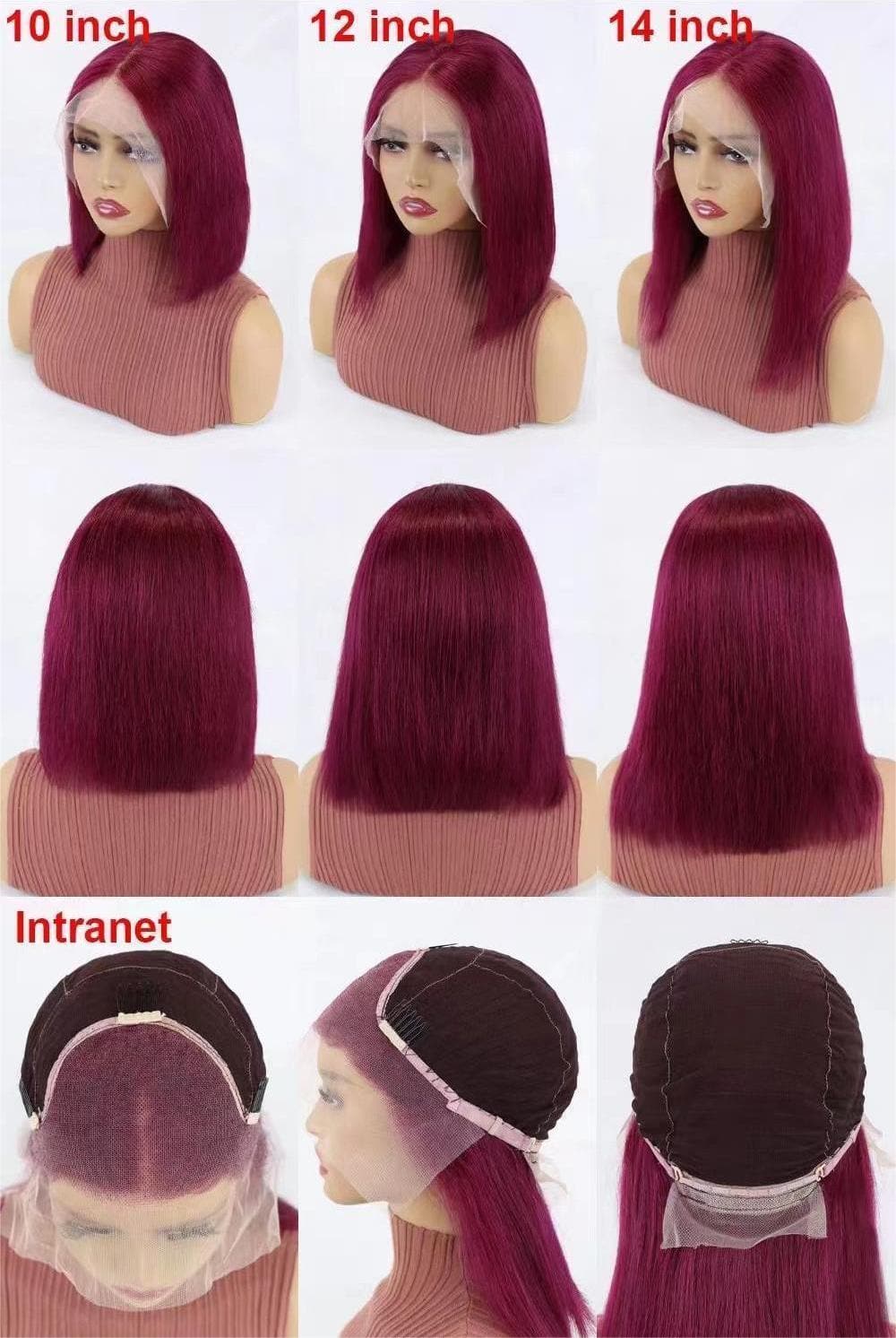 Short Bob Wigs Human Hair 13x4 Lace Front Straight Middle Parted Hairstyles Burgundy E-LITCHI Hair
