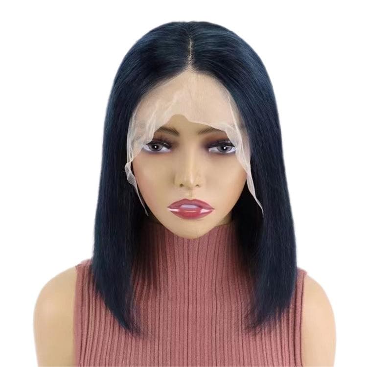 Short Bob Wigs Human Hair 13x4 Lace Front Straight Middle Parted Hairstyles Blackish Green E-LITCHI Hair