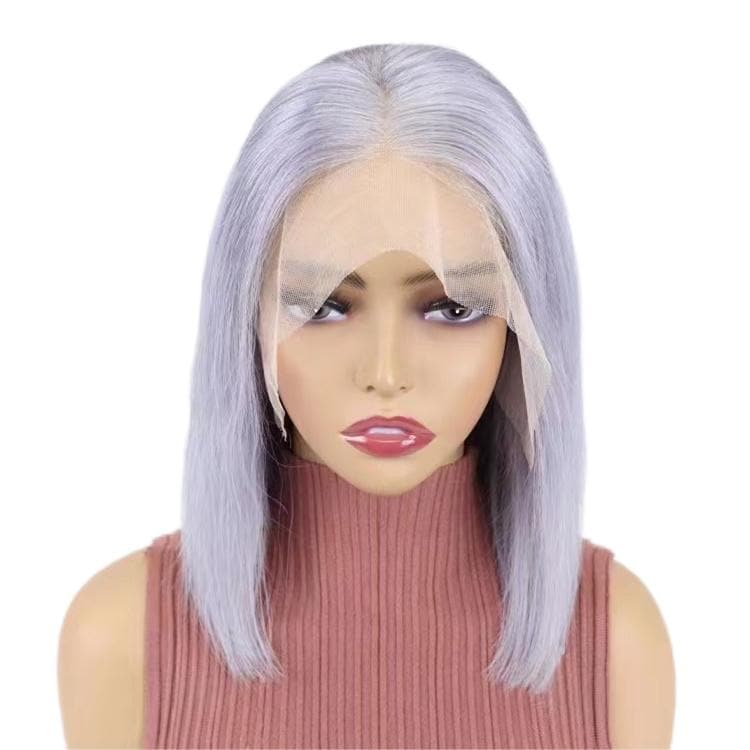 Short Bob Wigs Human Hair 13x4 Lace Front Straight Middle Parted Hairstyles Grey E-LITCHI Hair