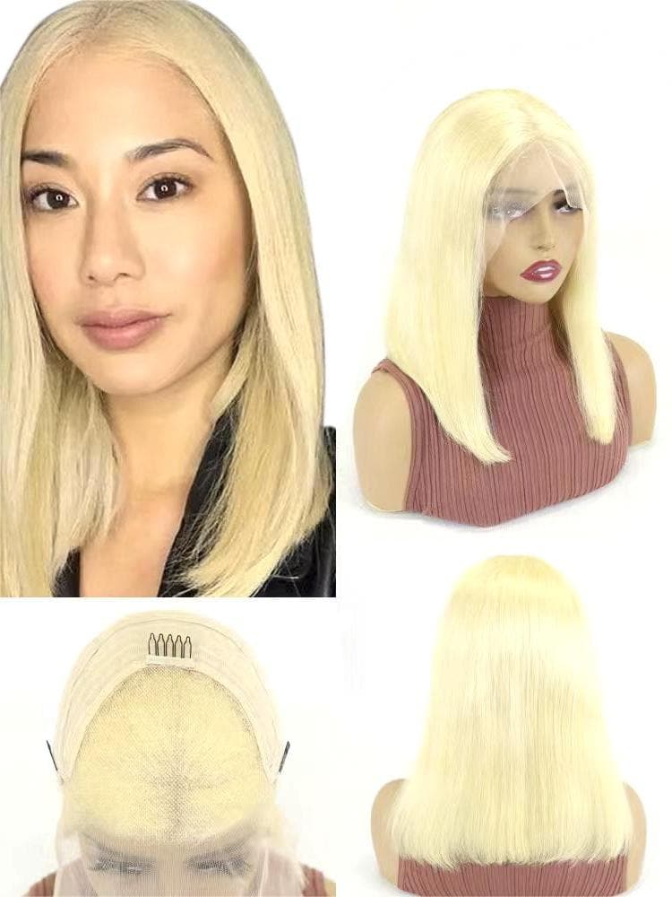 Short Bob Wigs Human Hair 13x4 Lace Front Straight Middle Parted Hairstyles Bleach Blonde E-LITCHI Hair