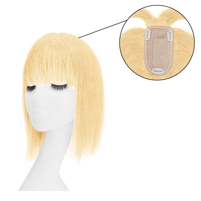 Natural Blonde Human Hair Topper With Bangs For Women Thinning Crown 7*13cm Base E-LITCHI Hair