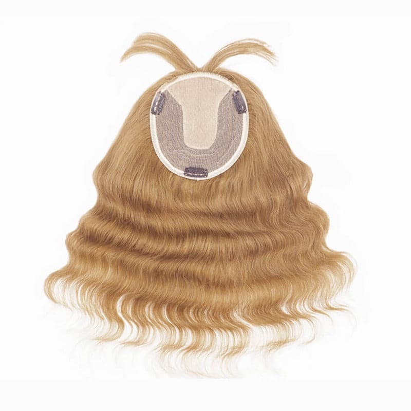 Welliger Echthaar-Topper mit Pony für dünner werdendes Haar, dunkelblond, 13 x 15 cm, Seidenbasis