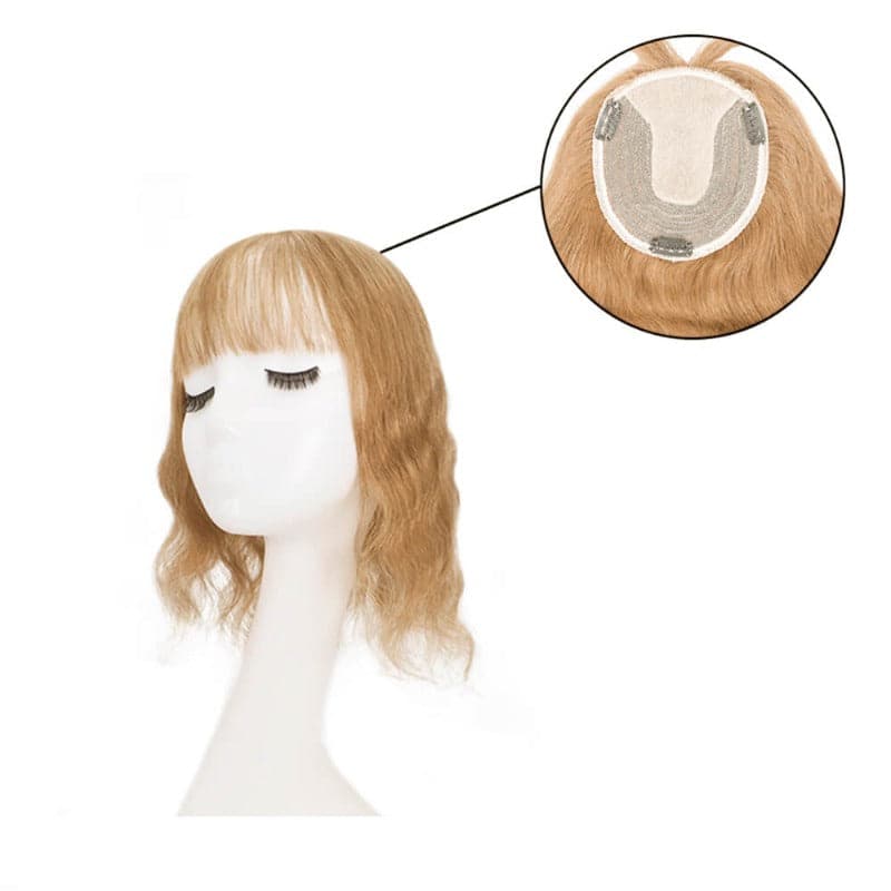Topper de cheveux humains ondulés avec frange pour cheveux clairsemés, Base en soie blond foncé 13*15cm