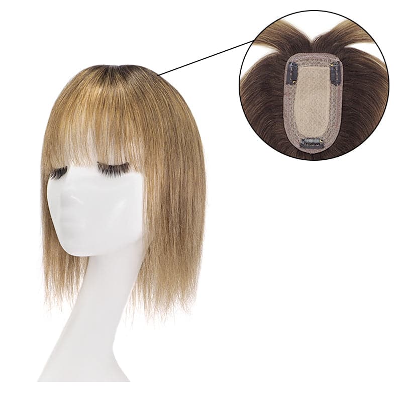 Brown Ombre Human Hair Topper With Bangs For Women Thinning Crown 7*13cm Base E-LITCHI Hair