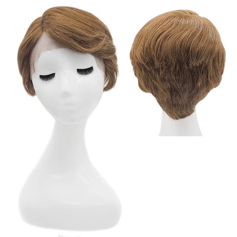 Human Hair Lace Front Side Parted Pixie Wig With Curls Light Auburn
