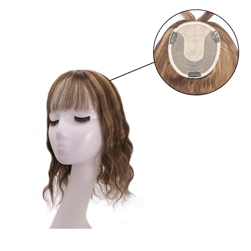 Wavy Human Hair Topper With Bangs Caramel Highlights 13*15cm Silk Base E-LITCHI
