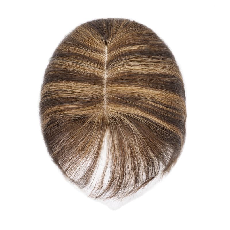 Wavy Human Hair Topper With Bangs Caramel Highlights 13*15cm Silk Base E-LITCHI