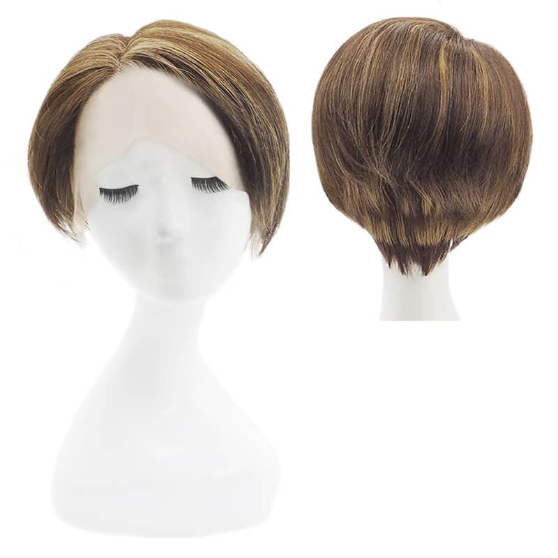 Human Hair Short Pixie Cut Lace Front Side Parted Layered Bob Wig Caramel Highlights