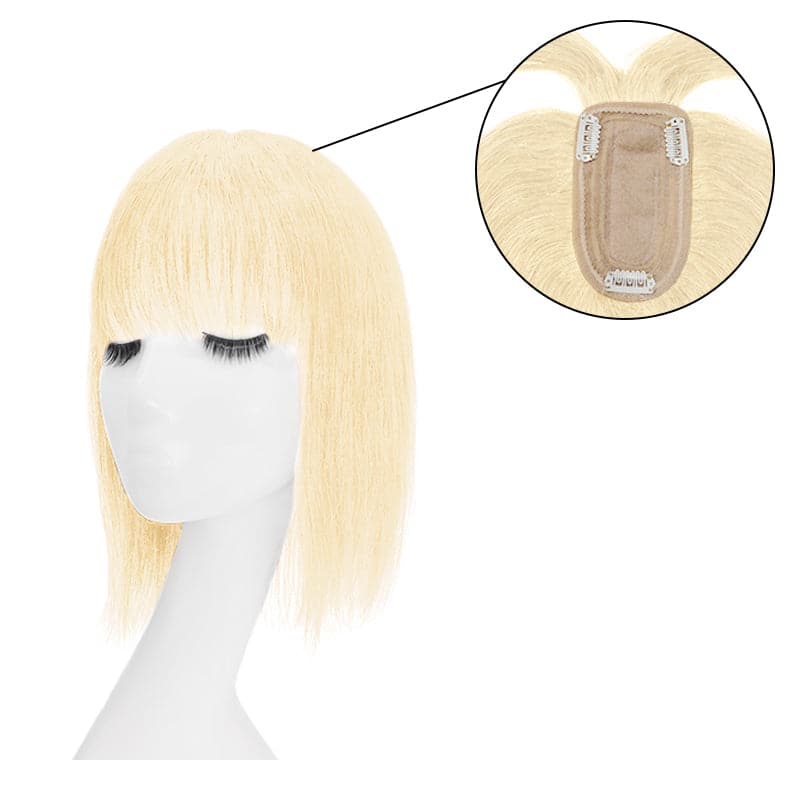 Platinum Blonde Human Hair Topper With Bangs For Women Thinning Crown 7*13cm Base E-LITCHI Hair
