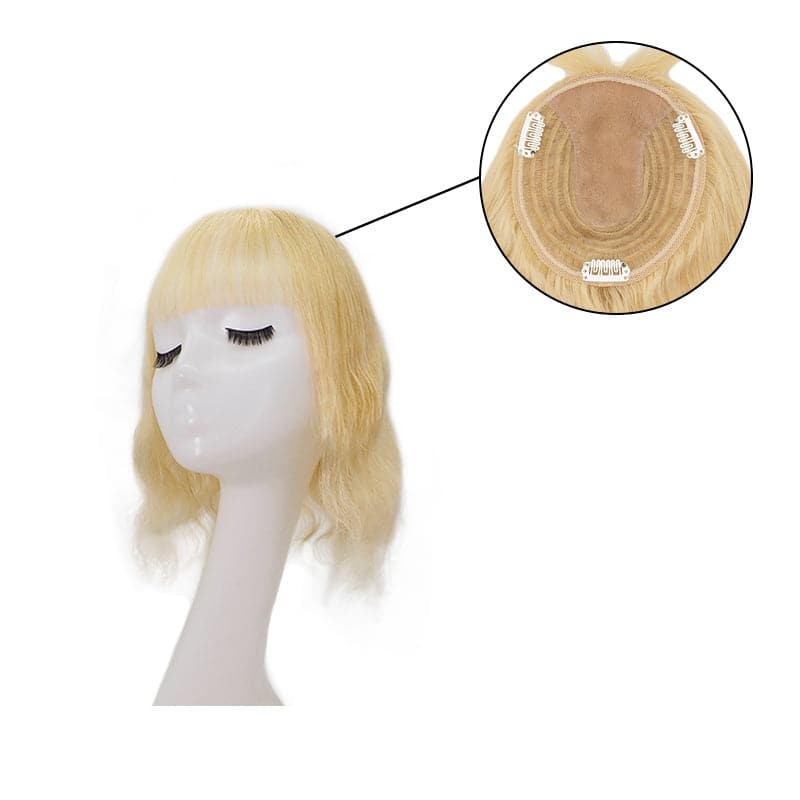 Wavy Human Hair Topper With Bangs For Thinning Hair Bleach Blonde 13*15cm Silk Base E-LITCHI