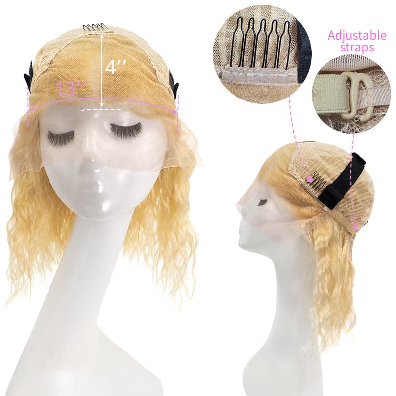 Lace Front 13x4 Human Hair Wigs Bob Wavy Bleach Blonde Middle Parted E-LITCHI Hair
