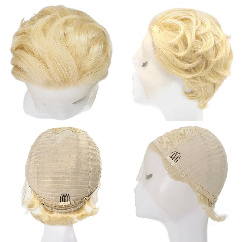 Perruques de cheveux humains coupe courte Pixie avant de lacet ondulé Bob perruque Bleach Blonde