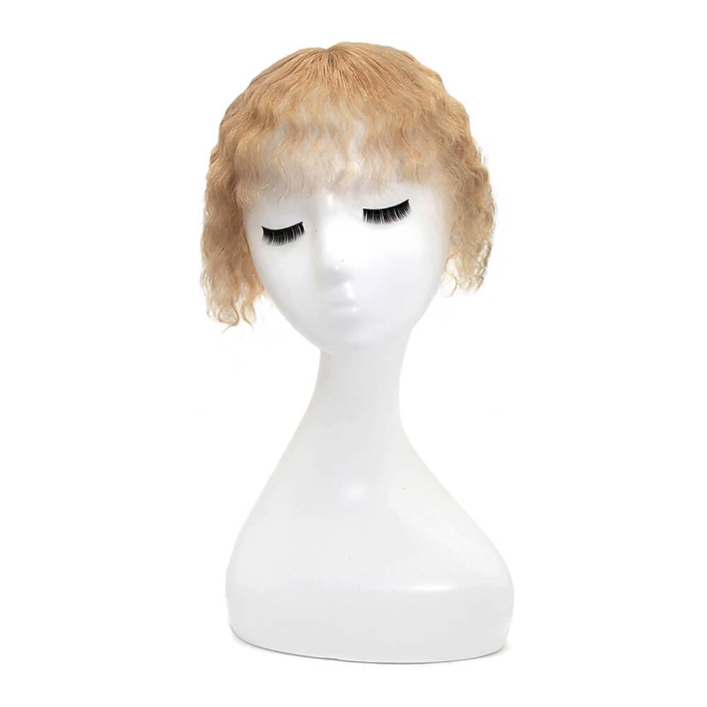 Susan – cheveux humains bouclés avec frange, pour couronne amincissante, Base en soie, blond foncé, 10x12cm