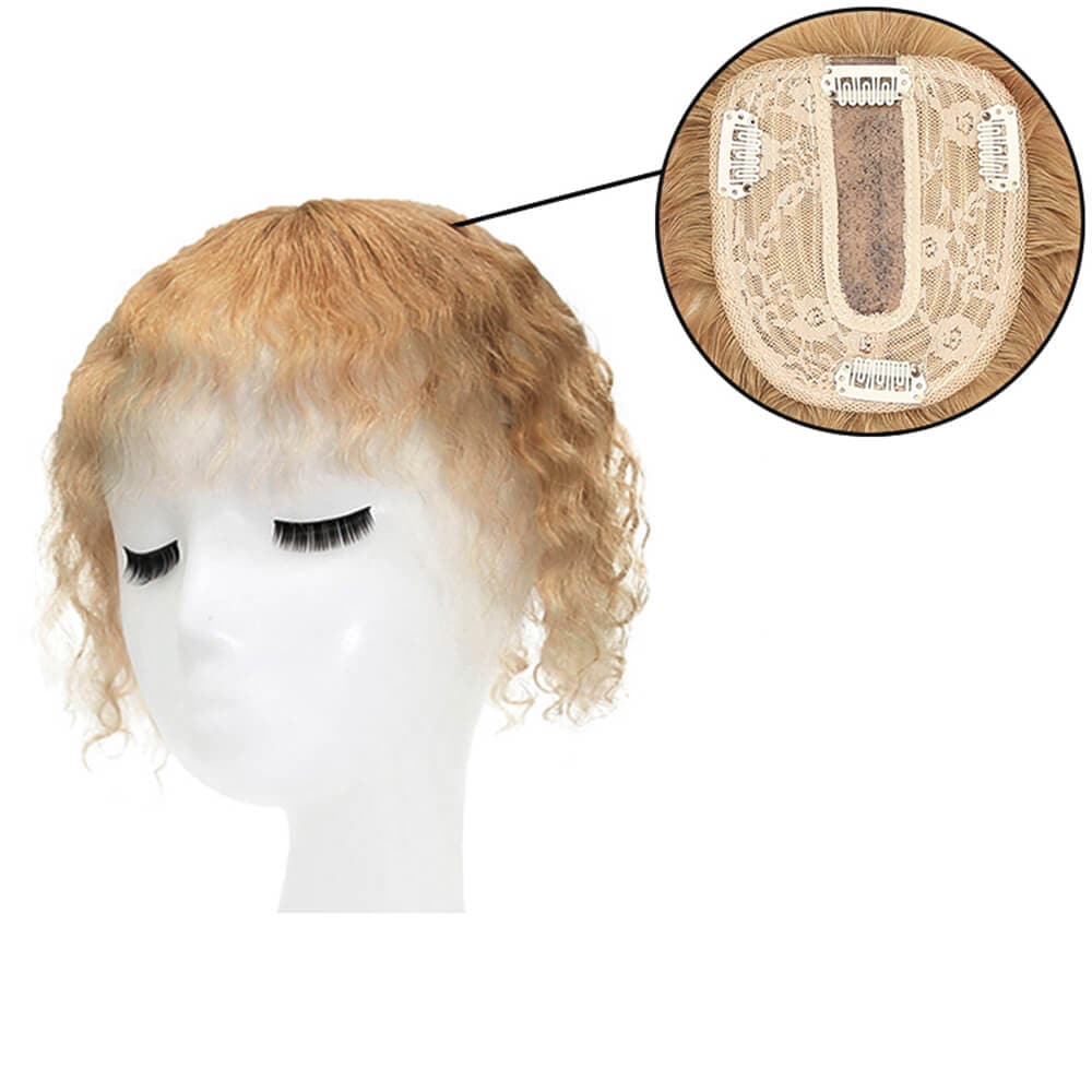 Susan – cheveux humains bouclés avec frange, pour couronne amincissante, Base en soie, blond foncé, 10x12cm