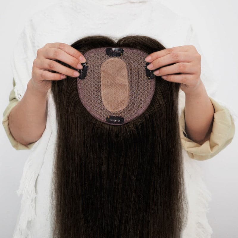 Dark Brown Human Hair Topper With Bangs For Women Hair Loss 13*13cm Silk Base E-LITCHI Hair