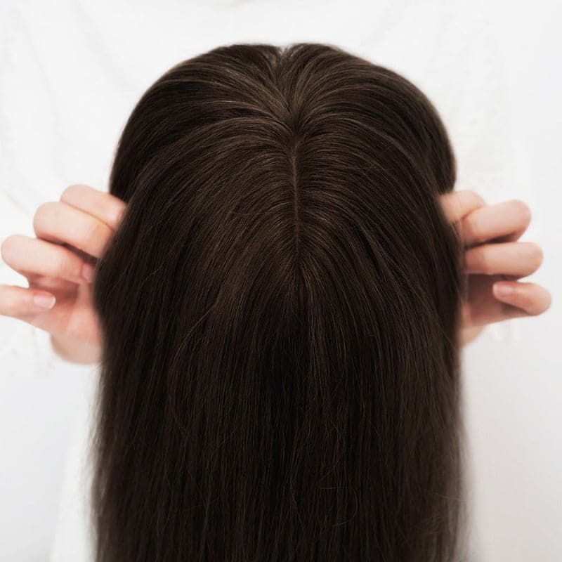 Dark Brown Human Hair Topper With Bangs For Women Hair Loss 13*13cm Silk Base E-LITCHI Hair