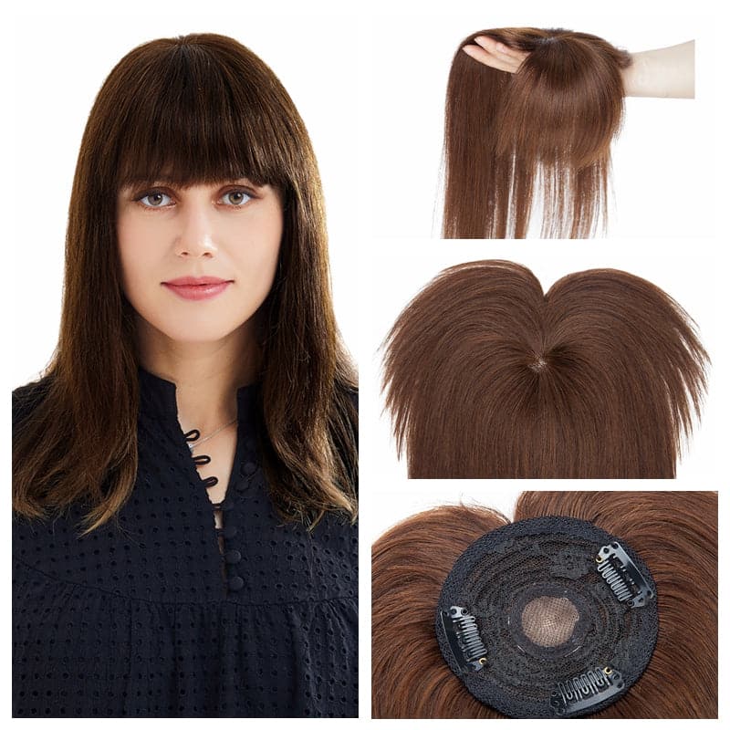 Medium Brown Human Hair Topper With Bang For Women Thinning Crown 10*10cm Base E-LITCHI