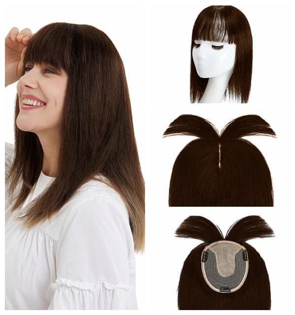 Human Hair Topper With Bangs For Thinning Hair Medium Brown 13*15cm Silk Base E-LITCHI
