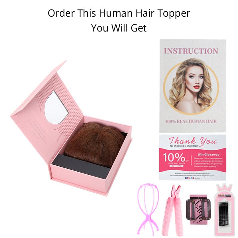 Human Hair Topper With Bangs For Thinning Hair Medium Brown 15*15cm Base E-LITCHI
