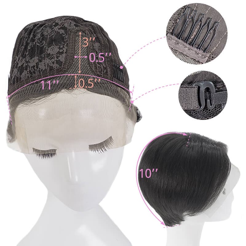 Cheveux humains courts coupe lutin dentelle avant côté séparé couches Bob perruque naturel noir