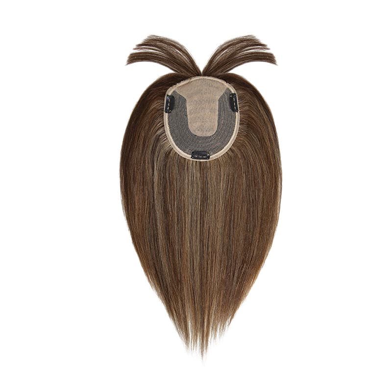 Human Hair Topper With Bangs For Thinning Hair Caramel Highlights 13*15cm Silk Base E-LITCHI