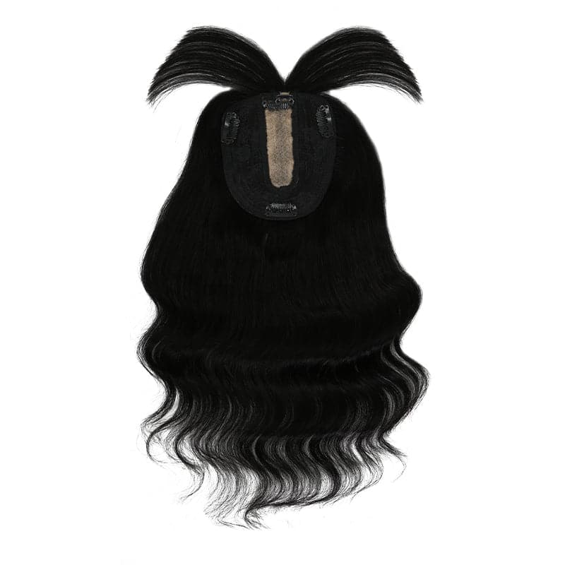 Susan ︳Wavy Human Hair Topper With Bangs For Thinning Crown 10*12cm Silk Base Jet Black E-LITCHI