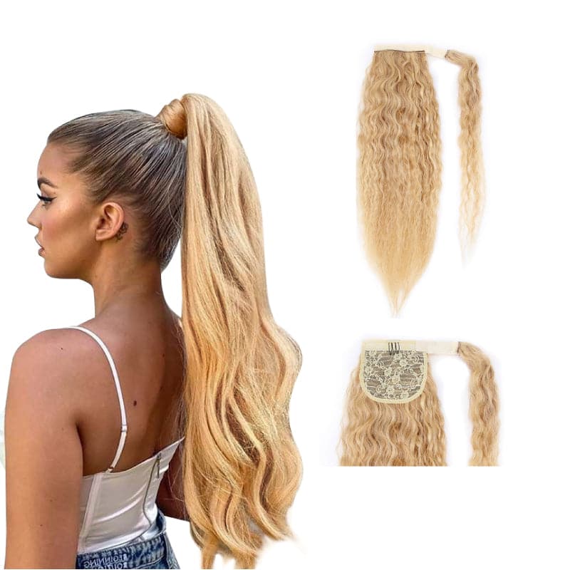 Ponytail Human Hair Extensions Curly Blonde Highlight Wrap Around E-LITCHI