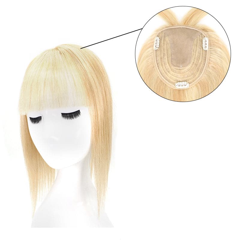 Human Hair Topper With Bangs For Thinning Hair Blonde Highlights 13*15cm Silk Base E-LITCHI