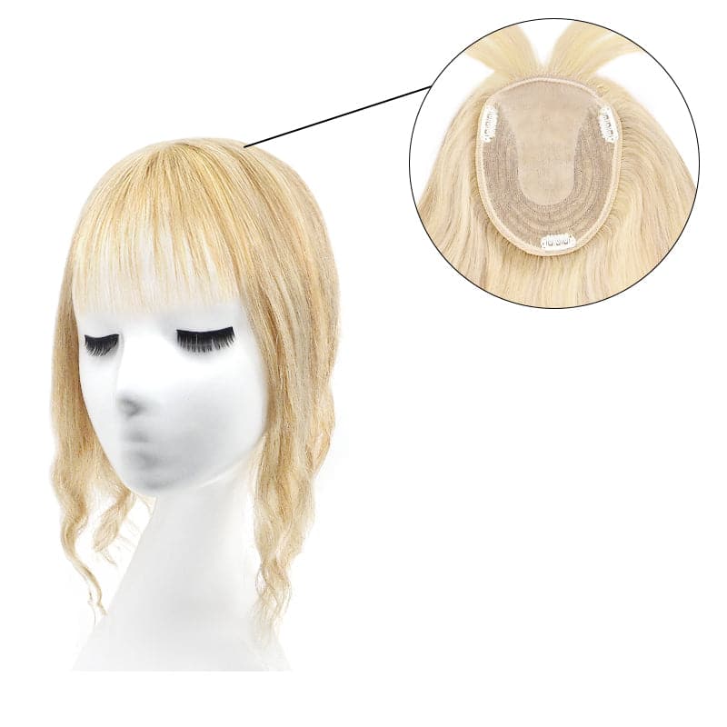 Wavy Human Hair Topper With Bangs Bronde Highlights 13*15cm Silk Base E-LITCHI