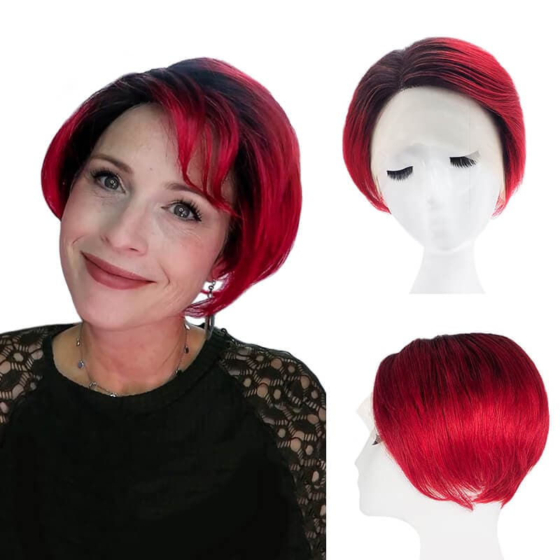 Human Hair Short Pixie Cut Lace Front Side Parted Layered Bob Wig Black Ombre Burgundy