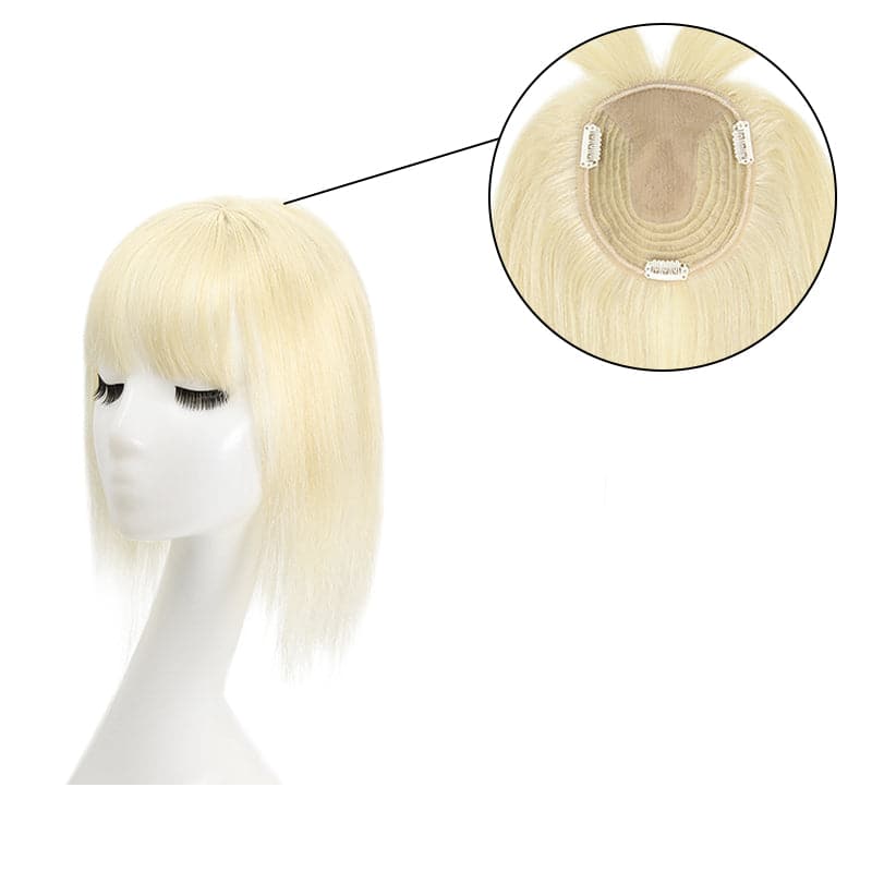 Human Hair Topper With Bangs For Thinning Hair Platinum Blonde 13*15cm Silk Base E-LITCHI