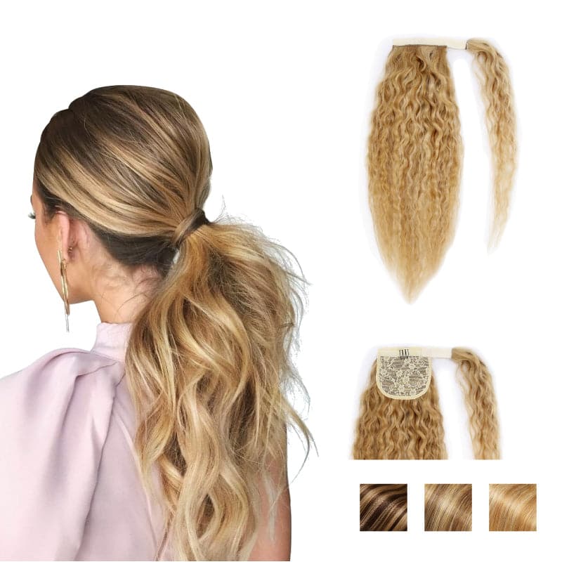 Ponytail Human Hair Extensions Curly Blonde Highlight Wrap Around E-LITCHI