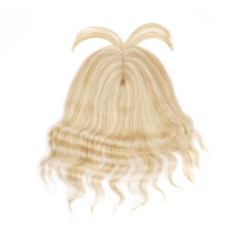 Wavy Human Hair Topper With Bangs Blonde Highlights 13*15cm Silk Base E-LITCHI