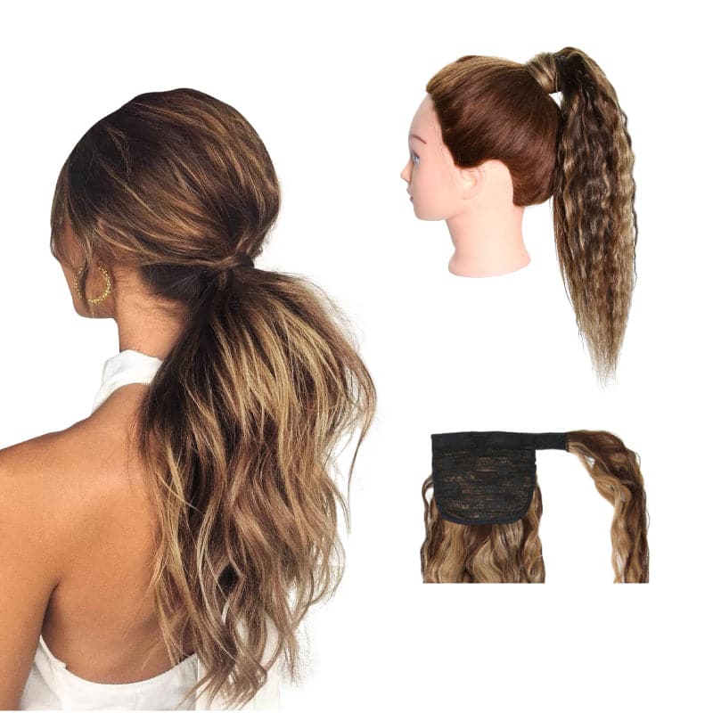 Ponytail Human Hair Extensions Curly Blonde Highlight Wrap Around E-LITCHI